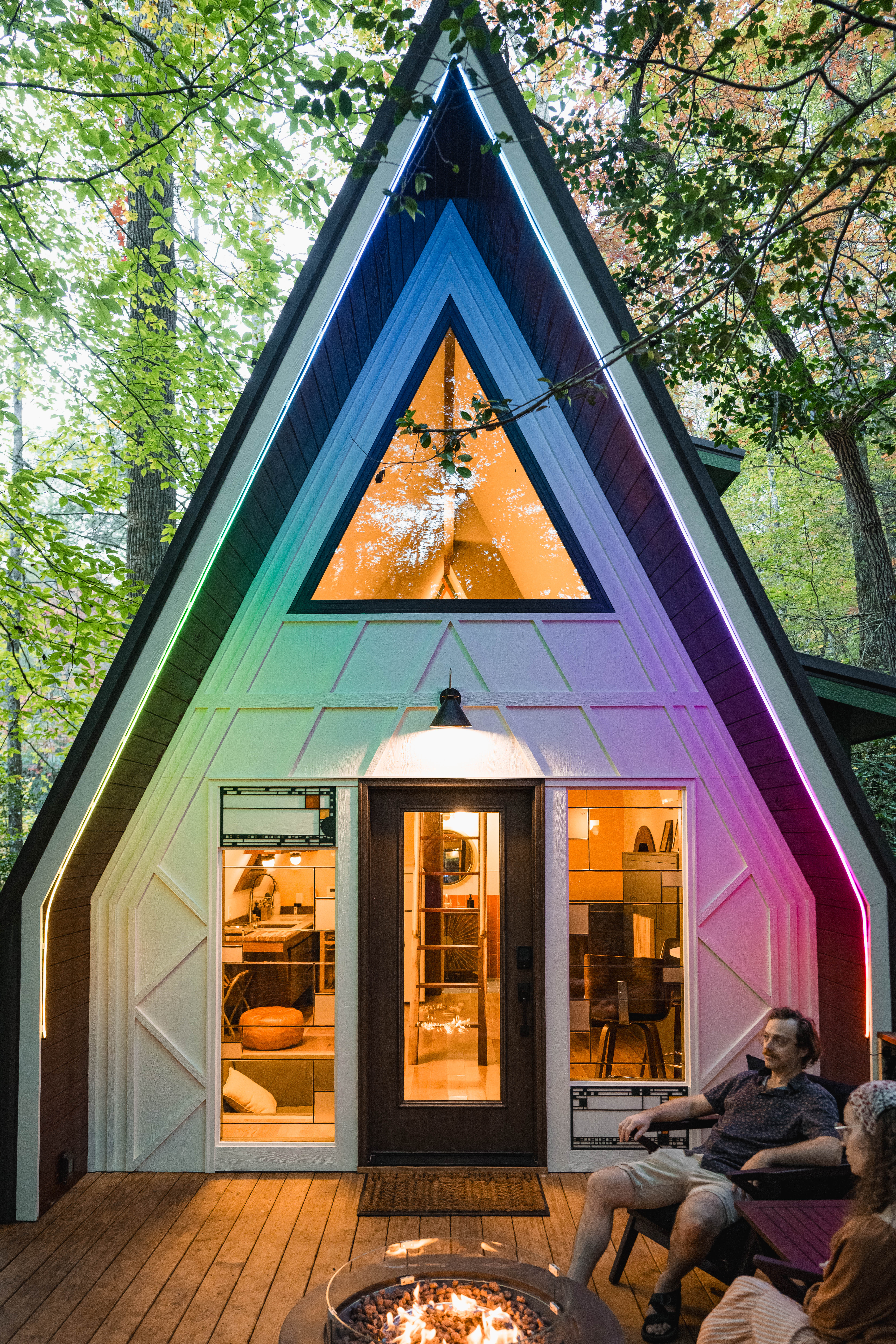 A-frame creator cabin with rainbow lights at Wunderland Resort
